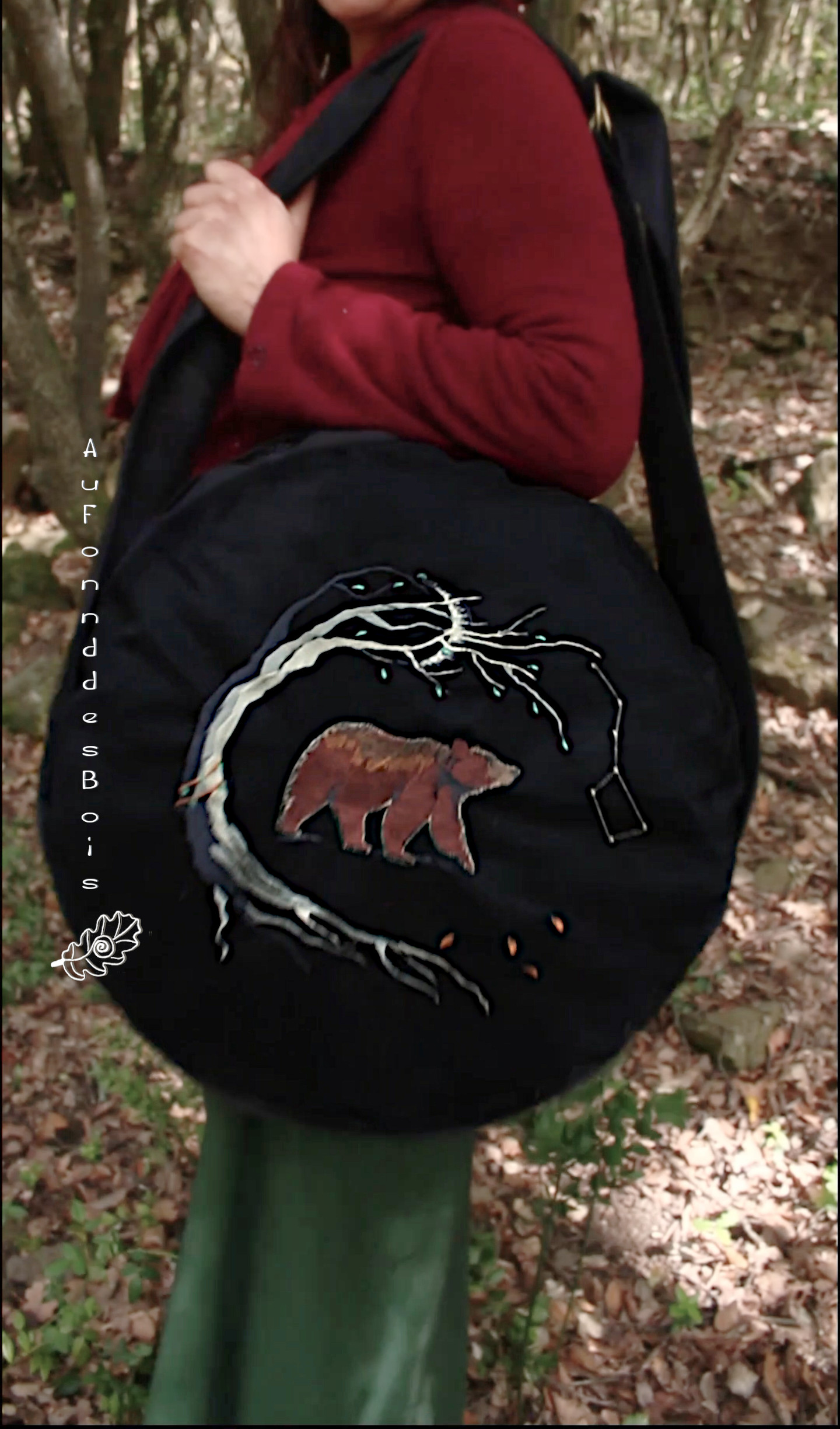 Our étoile noir sac housse pour tambour chamanique noir broderie ours