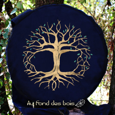broderie HIBOU BLEU MARINE sac housse pour tambour chamanique motif Yggdrasil bleu marine