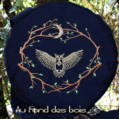 broderie HIBOU BLEU MARINE sac housse pour tambour chamanique broderie hibou bleu marine