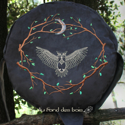 400 HIBOU GRIS sac pour tambour chamanique broderie hibou gris
