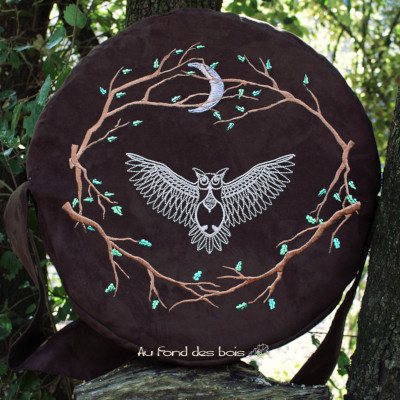 broderie HIBOU MARRON sac housse pour tambour chamanique broderie hibou marron