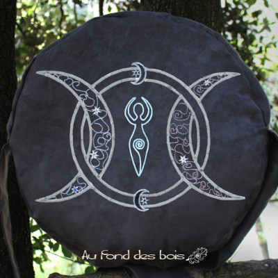 TPL GRIS Sac housse pour tambour chamanique broderie Triple lune gris