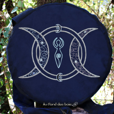 triple lune  MARINE Sac housse pour tambour chamanique broderie Triple lune bleu marine
