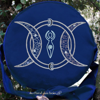 triple lune bleu roi Sac housse pour tambour chamanique broderie Triple lune bleu roi