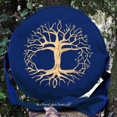 broderie HIBOU bleu roi sac housse pour tambour chamanique broderie hibou bleu roi