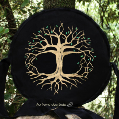 broderie hIBOU VERT sac housse pour tambour chamanique hibou vert