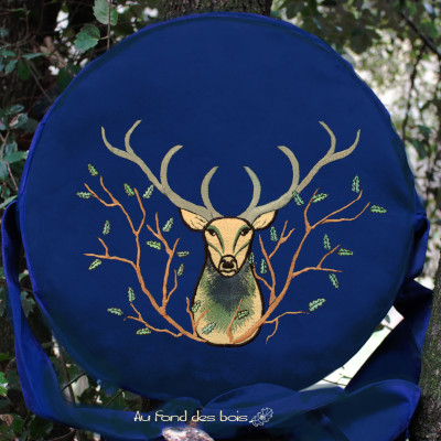 broderie HIBOU bleu roi sac housse pour tambour chamanique broderie hibou bleu roi