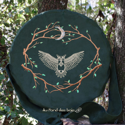 broderie hIBOU VERT sac housse pour tambour chamanique hibou vert