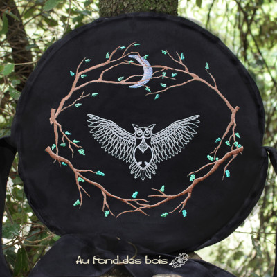 broderienoir HIBOU sac housse pour tambour chamanique broderie hibou en noir