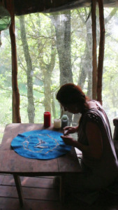 finition d'une broderie , près de la fenetre, vue sur la forêt