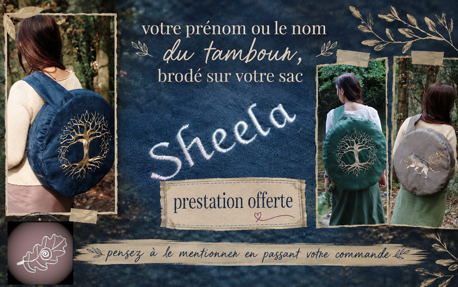 bandeau broderie offerte votre prénom ou celui de votre tambour chamanique brodé sur le sac sur le sac